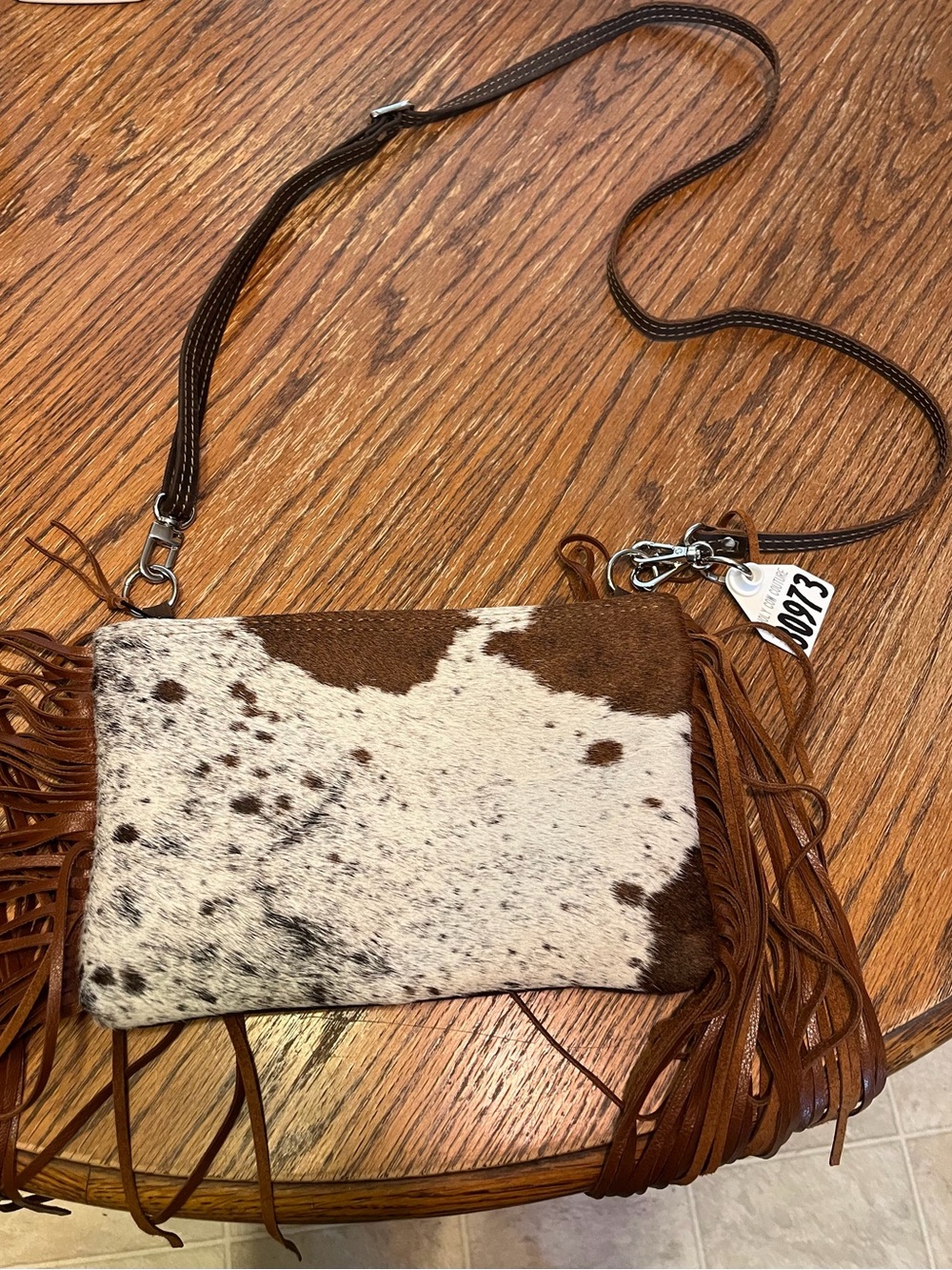 Cowhide Fringe Crossbody Bag - Brown & White